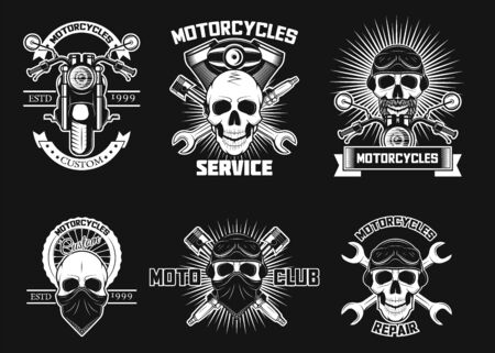 Vintage white moto skull logos, labels, vector isolated illustrationのイラスト素材