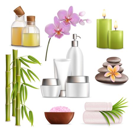 Spa salon accessories set, vector realistic illustration isolated on white background. Bamboo stalks with leaves, salt, stones, massage oil, cosmetics, towels, aroma candles and flowers.のイラスト素材