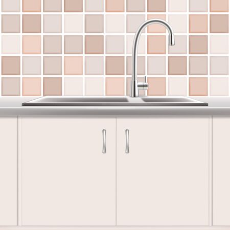 Kitchen sink, vector realistic illustration. Stainless double bowl plumbing product. Kitchen interior.のイラスト素材