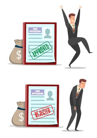 Approved and rejected loan application forms with characters, vector flat illustrationのイラスト素材