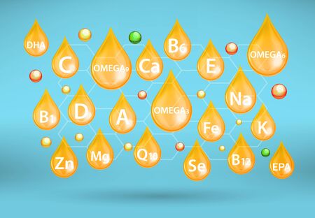 Multivitamin, mineral and omega supplements, vector illustrationのイラスト素材