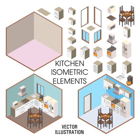 Kitchen interior constructor, vector flat isometric illustrationのイラスト素材