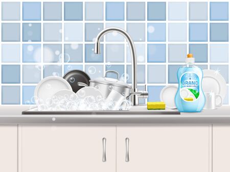 Dishwashing liquid advertising poster, vector realistic illustrationのイラスト素材