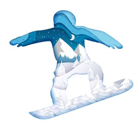 Double exposure vector layered paper cut snowboarderのイラスト素材