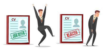 Resume cv with job offer and rejected stamps, happy and sad businessmen cartoon characters, vector flat style design illustration. Employment, human resources, recruitment, hiring concept.のイラスト素材