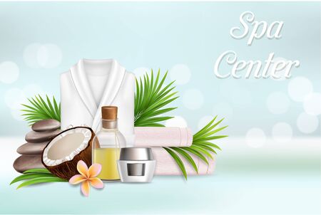 Spa vector poster design template. Spa center composition with realistic natural coconut oil and cosmetics, stones, bathrobe, towels and copy space.のイラスト素材