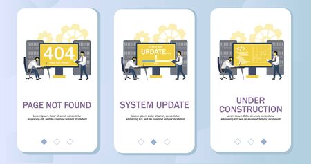 Page not found, system update and under construction mobile app onboarding screens. Menu banner vector template for website and application development.のイラスト素材