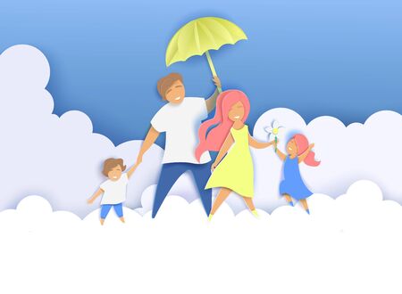 Happy family with two kids walking along fluffy clouds with umbrella, vector illustration in paper art craft style. Creative composition for International Day of Families greeting card, poster etc.のイラスト素材