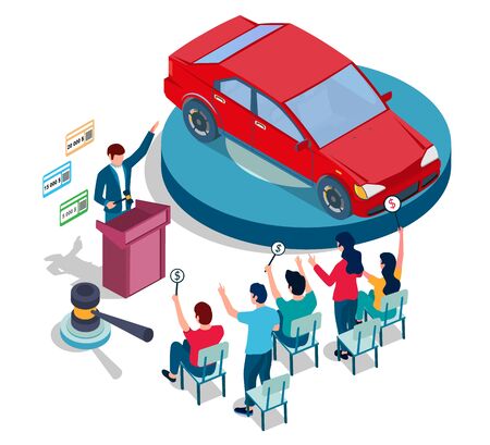 Auto sale auction, vector illustration. Isometric red car on podium, auctioneer with gavel and people with bid paddles. Auction and bidding composition for web banner, website page etc.のイラスト素材