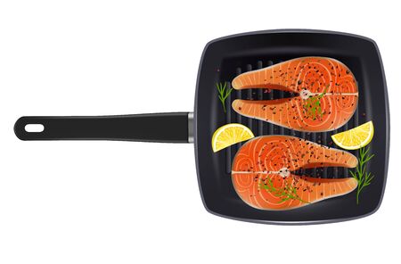 Grill pan with salmon fish steaks, vector isolated realistic illustrationのイラスト素材