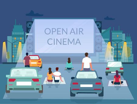 Open air cinema, vector illustration. Male and female characters watching film on big screen while sitting on ground and car roof in parking lot. Outdoor movie theater, drive-in cinema poster templateのイラスト素材