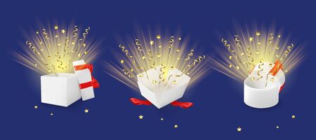 White open gift boxes with serpentine, vector isolated illustration. Round and square boxes with red bows and ribbons for Happy birthday, Christmas, Wedding or Valentine Day greeting card, poster etc.のイラスト素材