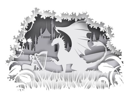 Dragon, fairytale character, vector illustration in paper art styleのイラスト素材