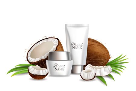 Natural coconut cosmetics, vector illustration. Realistic coco fruit whole, half and pieces, cream tube, jar, palm leaves. Coconut skin care product composition for poster, banner, etc.のイラスト素材