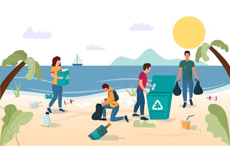 Volunteer team group of young people male and female characters collecting garbage on beach, vector flat illustration. Beach cleaning, volunteering, ecology concept for web banner, website page etc.のイラスト素材