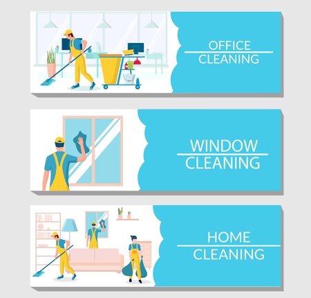 Cleaning services vector banner template set. Professional home and office cleaning, window washing concept with characters.のイラスト素材