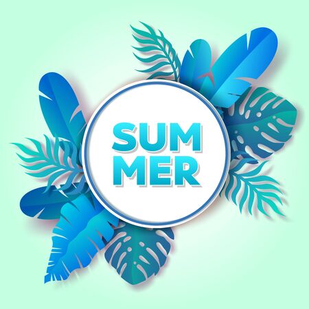 Summer tropical greenery round frame, vector paper cut illustrationのイラスト素材