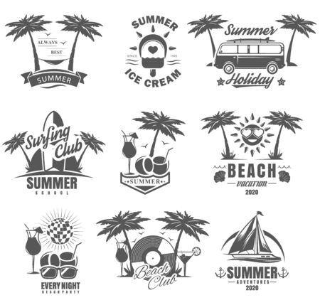 Vector set of summer adventure, beach vacation, night party, surfing vintage logos, emblems, labels and badges. Black and white monochrome illustration in retro style.のイラスト素材