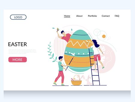 Easter vector website template, web page and landing page design for website and mobile site development. Micro male and female characters decorating huge Easter egg, preparing for holiday celebrationのイラスト素材