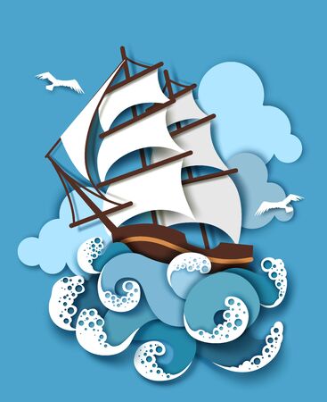 Sailing ship in storm, vector illustration in paper art craft style. Sailboat and raging sea waves. Travel, adventure, sea tour concept.のイラスト素材