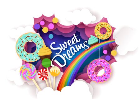 Sweet dreams, vector illustration in paper art craft style. Delicious glazed donuts, tasty lollipops, cupcakes and rainbow. Bright and yummy sweet pastry, sugar candies, desserts.のイラスト素材