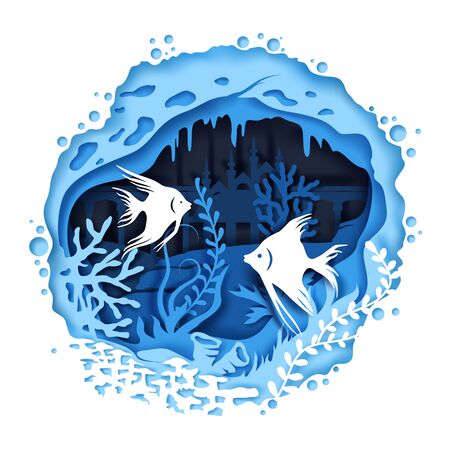 Vector layered paper cut style undersea cave, tropical exotic fish, aquatic plants and sunken city buildings. Aquarium, deep ocean bottom landscape, fish tank decorations in paper art craft style.のイラスト素材