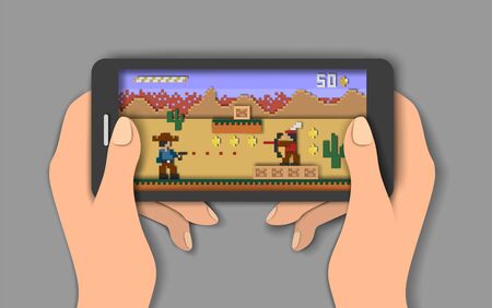 Mobile games, vector flat style design illustration. Gamer hands holding smartphone with pixel art style western video game user interface design. Mobile gaming app concept.のイラスト素材