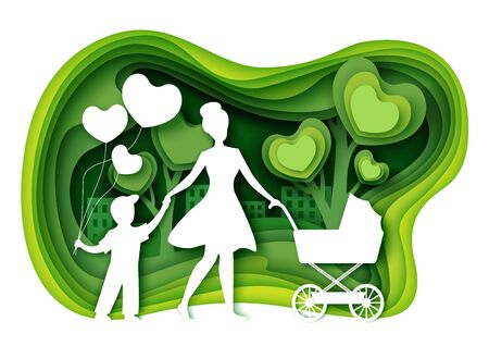 Happy woman walking in the park with her kids, vector illustration in paper art craft style. Young mother holding her son hand and pushing baby carriage. Happy Mothers Day card, poster, banner etc.のイラスト素材