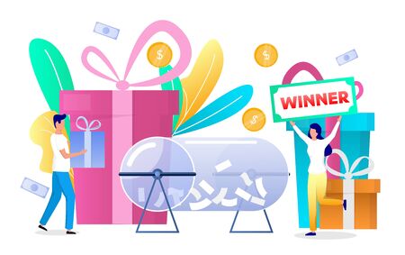 Happy woman winning prize draw and getting gift box, vector flat illustration. Random lucky prize draw winner, lottery gambling concept for web banner, website page etc.のイラスト素材