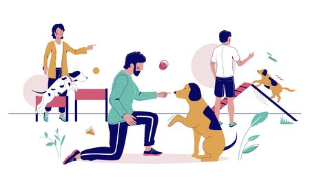 People playing games with dog pets, training them on playground, vector flat illustration. Trainers, pet owners teaching their puppies basic commands in city park using dog play equipment.のイラスト素材