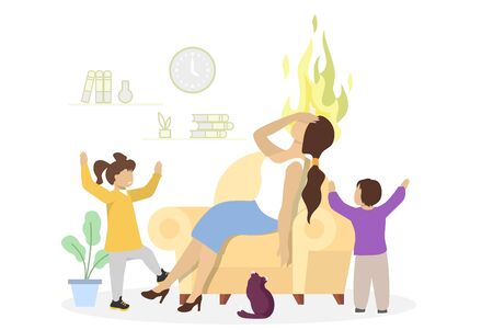 Desperate stressed mother with her kids, vector flat illustrationのイラスト素材