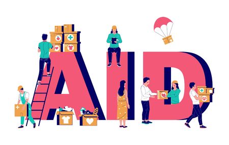 Aid typography vector banner template. Humanitarian aid project composition with social workers volunteers giving donation boxes to needy people. Humanitarian relief, charity and donation.のイラスト素材
