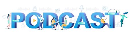 Podcast typography vector banner template. Male and female characters recording and listening to podcast. Online radio, podcasting, broadcasting.のイラスト素材