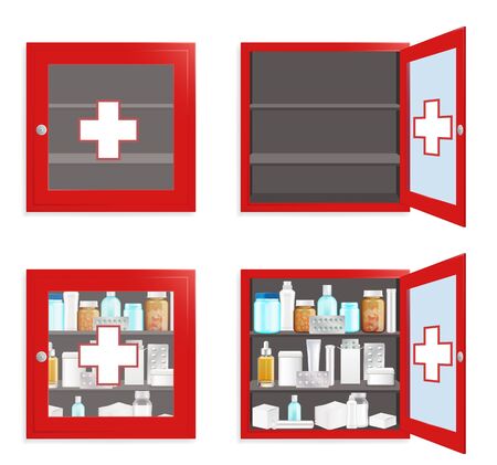 Medical wall box set, vector flat isolated illustration. Red medicine chest first aid kit. Medical cabinet for safe medication storage.のイラスト素材