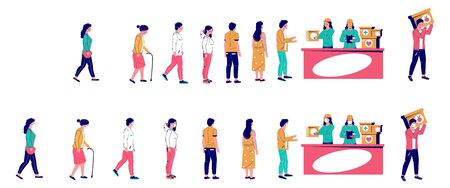 People waiting in line for humanitarian aid, vector flat illustration. Refugee needy elderly standing right behind people in one line and keeping social distancing, wearing face masks in other queue.のイラスト素材