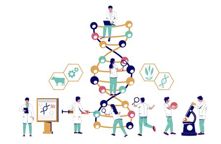 Dna research, vector flat illustration. Scientists studying genes in biotechnology science lab. Dna study, testing. Genetic engineering, genetic modification technology.のイラスト素材