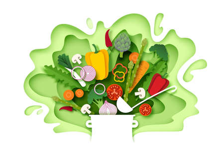 Fresh vegetables falling into the pot, vector layered paper cut style illustrationのイラスト素材