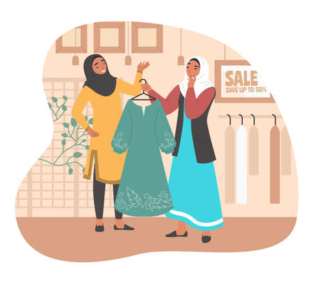 Happy muslim girl shopping in women clothing store, flat vector illustrationのイラスト素材