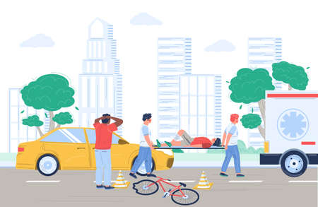 Bicycle accident cyclist collision with car, emergency care, vector flat illustrationのイラスト素材