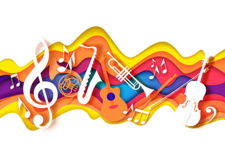 Vector paper cut craft style music composition for jazz concert festival party poster banner cardのイラスト素材