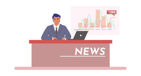 Tv breaking news with anchorman in studio, flat vector illustrationのイラスト素材