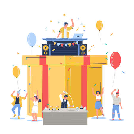 Group of people celebrating happy birthday, vector flat illustrationのイラスト素材