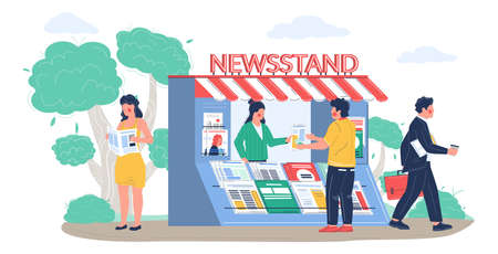Street newsstand with saleswoman, people buying reading newspapers and magazines, vector flat illustrationのイラスト素材