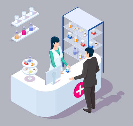 Doctor pharmacist and customer in pharmacy store, isometric vector illustrationのイラスト素材