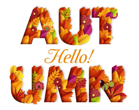 Hello Autumn typography design made with leaves and floral elements. Vector paper cut style illustration. Can be used for business advertising, banners, posters. Fall maple leafs and foliageのイラスト素材