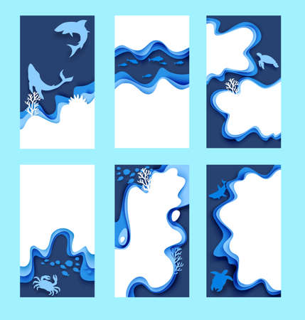 Underwater world social media stories, posts vector template, paper cut style illustration.のイラスト素材