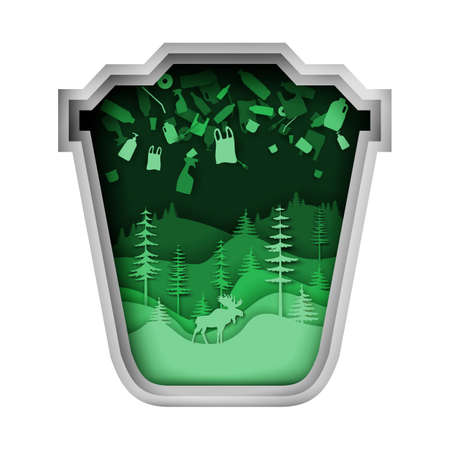 Green trash can with plastic garbage forest nature elk silhouette, vector paper cut illustration. Stop forest pollution.のイラスト素材