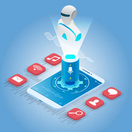 Isometric smartphone with voice controlled digital robot assistant, vector illustration. Voice recognition technology.のイラスト素材