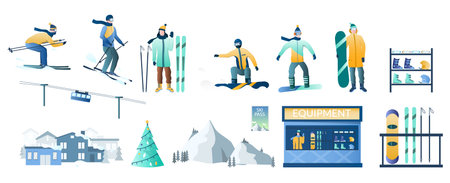 Winter ski resort set, vector isolated illustration. Skier, snowboarder, equipment for rent, cable car, mountain slope.のイラスト素材