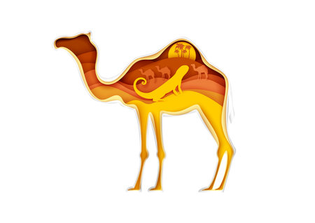 Camel silhouette with Sahara desert landscape, lizard, caravan inside, vector illustration in paper art style.のイラスト素材